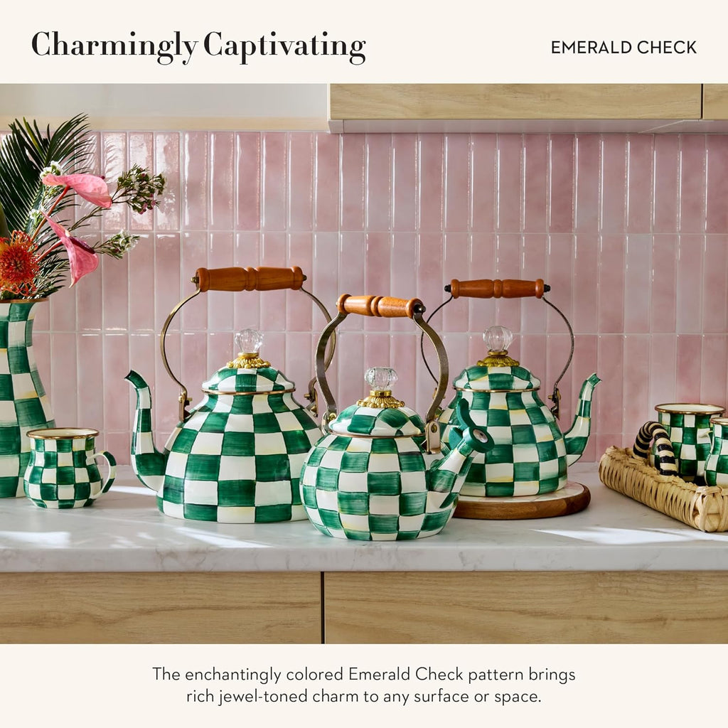 MACKENZIE-CHILDS Enamel Tea Kettle, Stylish Tea Kettle for Stovetop, Green-and-White Emerald Check, 3 Quarts