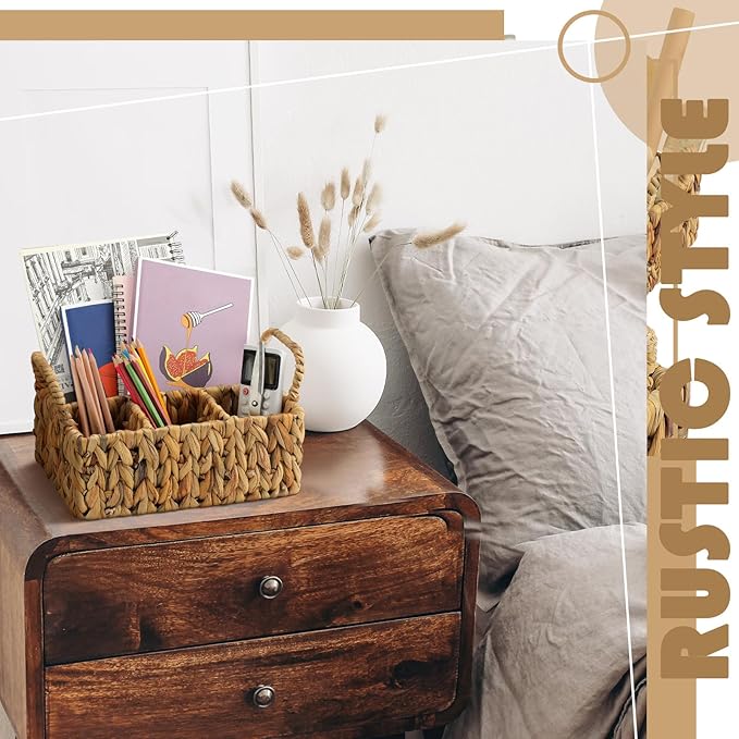 Glenmal Wicker Flatware Storage Basket Utensil Caddy Hand Woven Divided Cutlery Holder Kitchen Utensil Organizer Water Hyacinth Silverware Organizer with Handle for Countertop Party (Rectangular)