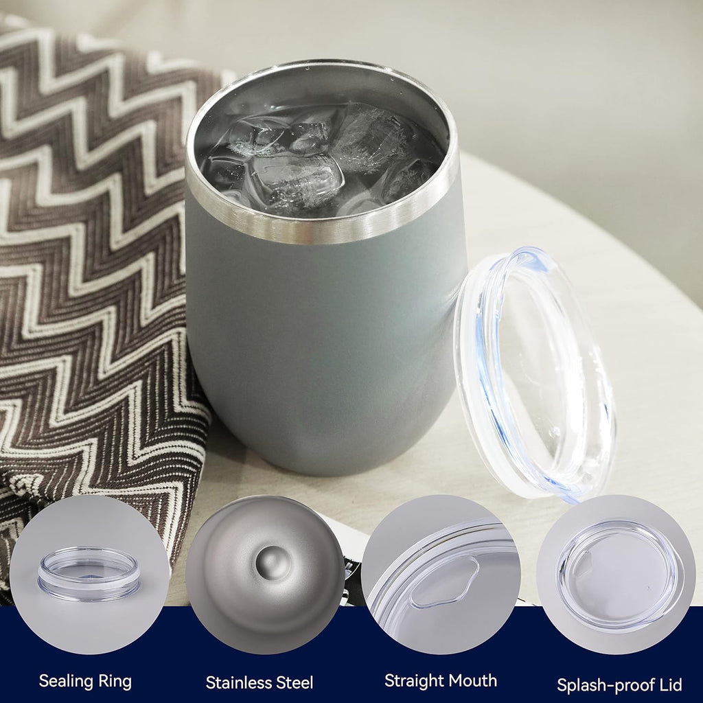 DOMICARE Stainless Steel Wine Tumbler Bulk with Lid, Personalized Insulated Tumblers Set, 12oz Travel Coffee Cups Pack of 4, Gray