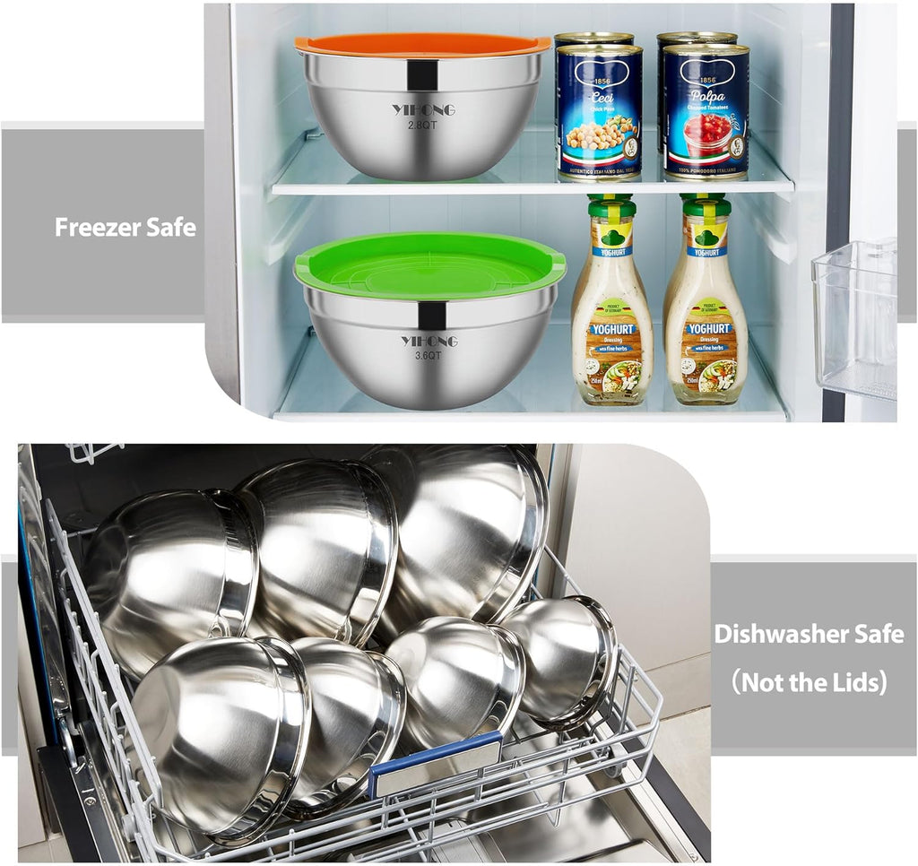 YIHONG 7 Piece Metal Mixing Bowls with Lids for Kitchen, Stainless Steel Set Ideal for Baking, Prepping, Cooking and Serving Food, Nesting Design for Space Saving Storage