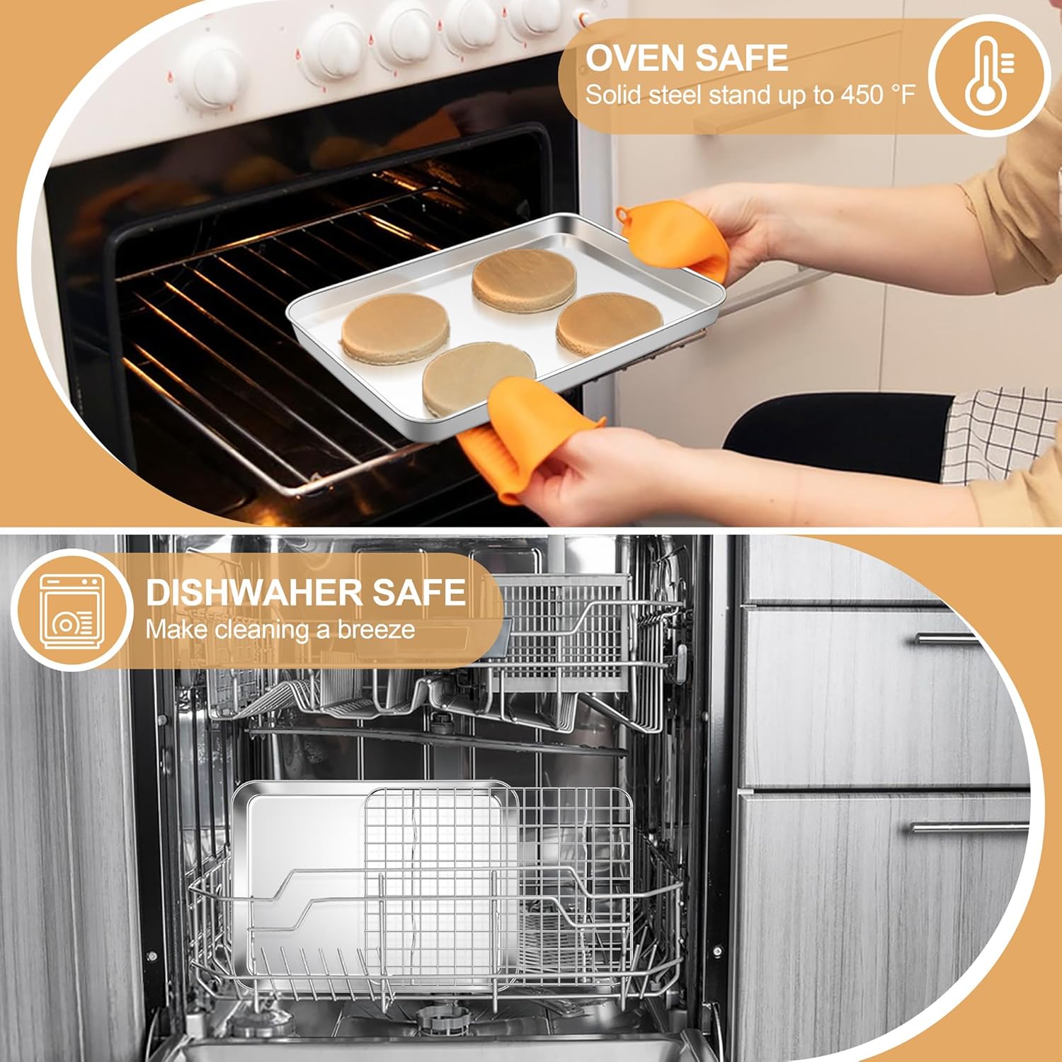 E-far Baking Sheet with Rack Set, 9.5” x 7.3” Stainless Steel Cookie Sheet Baking Pan for Toaster Oven, Mini Metal Tray with Cooling Wire Rack for Cooking Roasting, Non-toxic & Dishwasher Safe