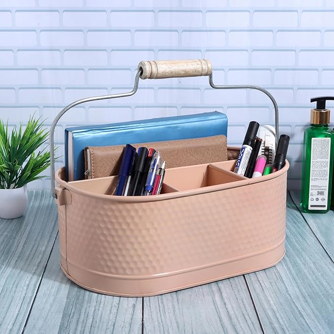 Alpha Living Home Metal Utensil Caddy - 4-Compartment Silverware, Flatware, Cutlery Holder with Handle - Kitchen Organizer for Countertop, Buffet, Picnic, BBQ, Farmhouse(Peach)