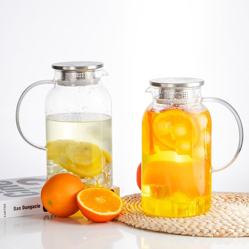 Round Glass Pitcher with Lid & Spout, 2 Pack 1.8L 60 Oz – Water Pitcher with Handle for Fridge, Brosilicate Glass Carafe Hot & Cold Drink, Large Jug for Icead Tea Coffe Juice, Jarra De Vidrio Con Tapa