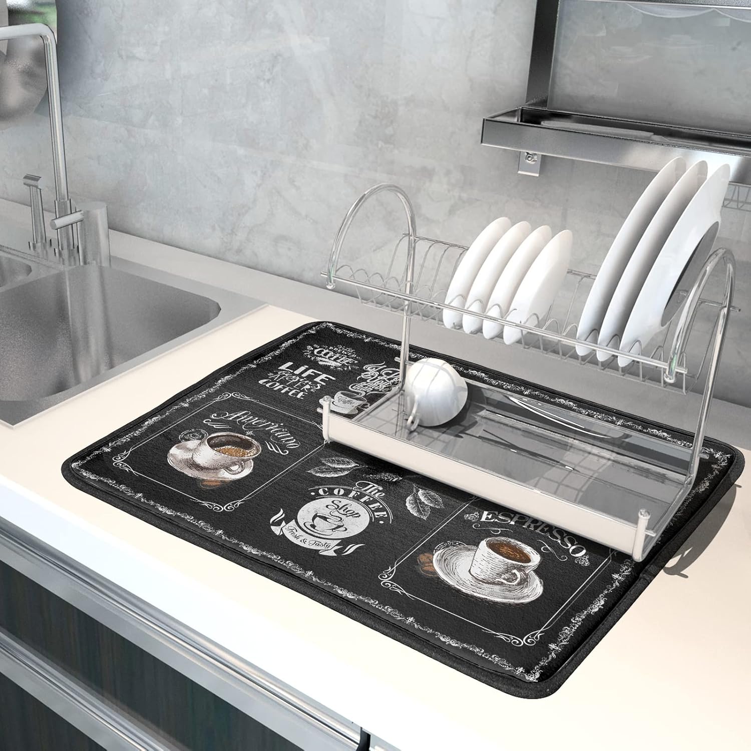 Coffee Bean Maker Dish Drying Mat for Countertops, 18x24 inch Absorbent Microfiber Espresso Cup Spill Mats Black Machine Drainer Mat Dish Drainer Rack Mat Protector Kitchen Accessories Bar Time Chef