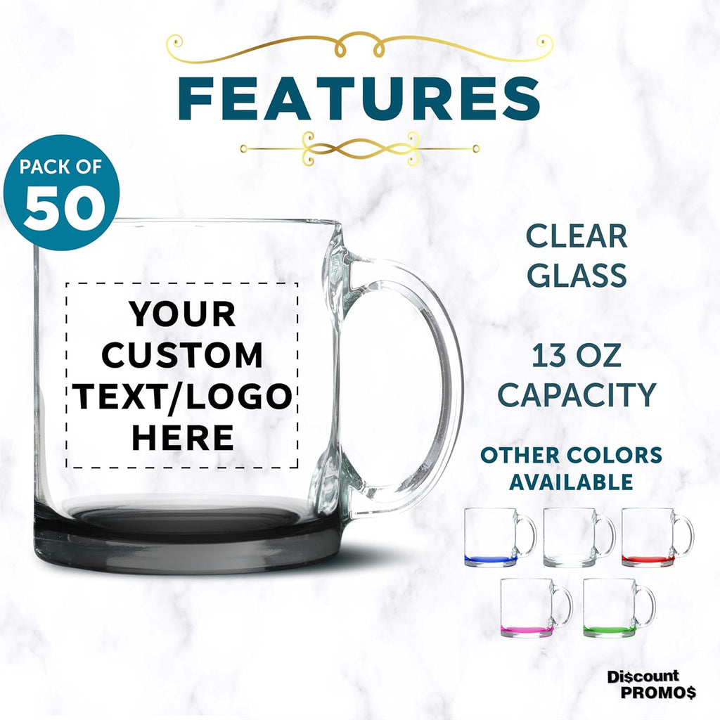 Custom Libbey Clear Glass Coffee Mugs 13 oz. Set of 50, Personalized Bulk Pack - Perfect for Coffee, Tea, Espresso, Hot Cocoa, Other Beverages - Black Bottom