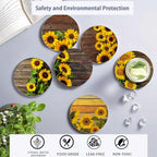 Table Coaster for Drinks Set of 6, Vintage Sunflower Wood Round Ceramic Coasters,with Cork Base and Metal Holder,Great Housewarming Birthday Gifts,Home Decor