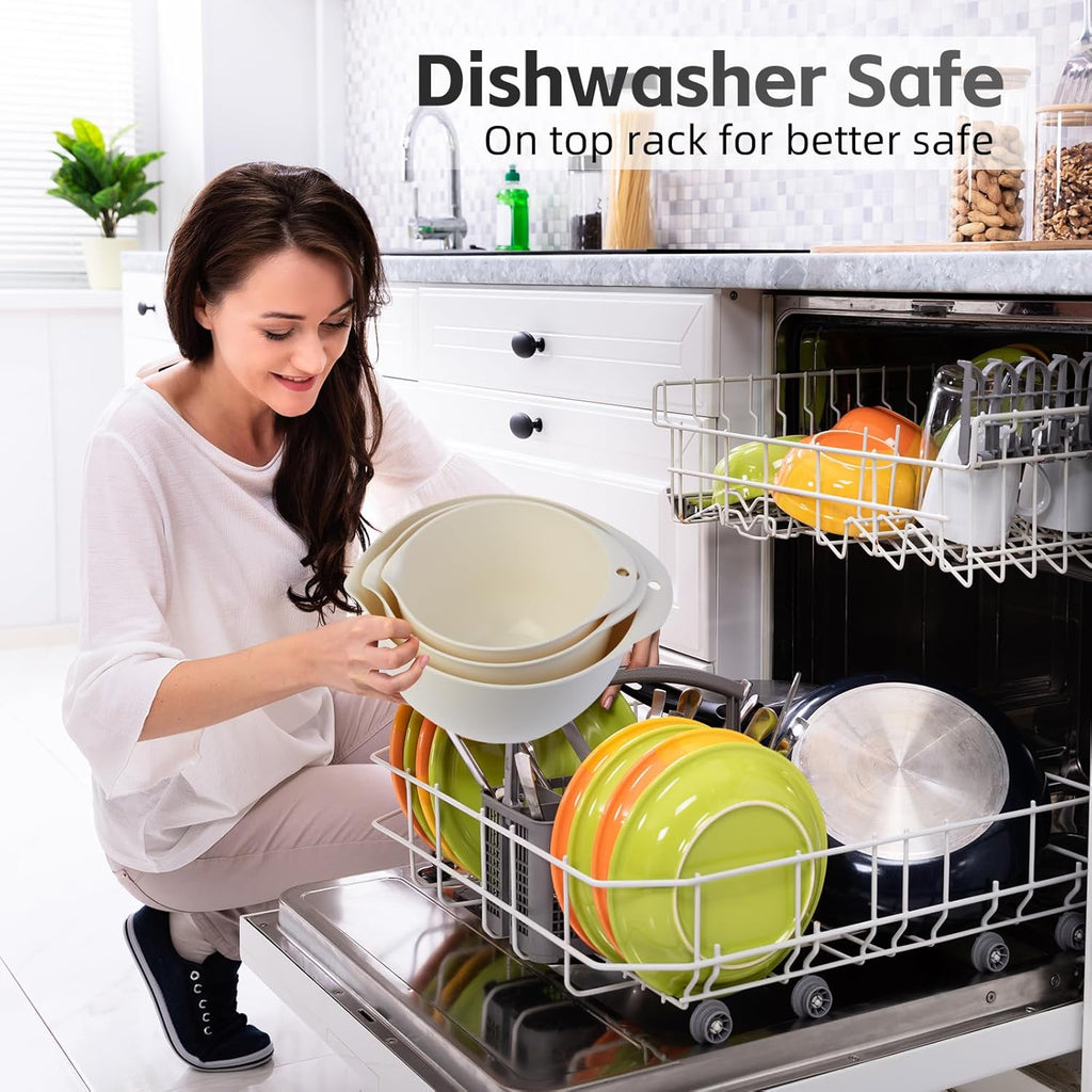 3 Plastic Mixing Bowls with Pour Spout,Lids and TPR Non-Slip Bottom,3Qt,2Qt,1.5Qt,Nesting Bowl Set for Kitchen Prep,Baking,Storage,Batter,Small,BPA free,Dishwasher Safe,Easy to Grip,White