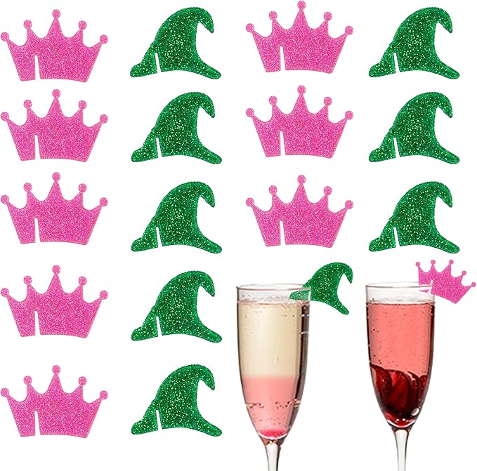 20 Pack Pink and Green Party Decrations, Princess and Witch Party Accessories, Green Witch Broomstick and Glitter Pink Princess Wand Cocktail Stir Sticks for Themed Parties (Wine Glass Charms)