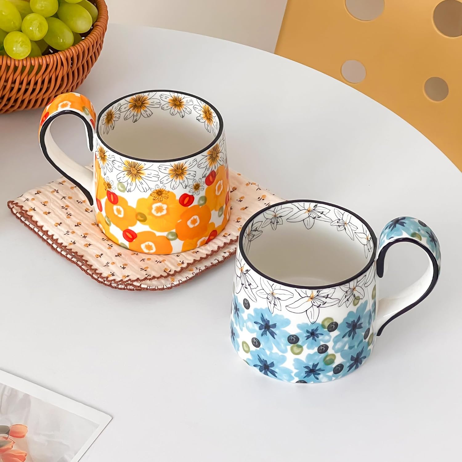 Ceramic Coffee Mug, 12oz Cute Floral Coffee Mugs with Large Handle, Orange Flower Design Stoneware Tea Cup for Office and Home