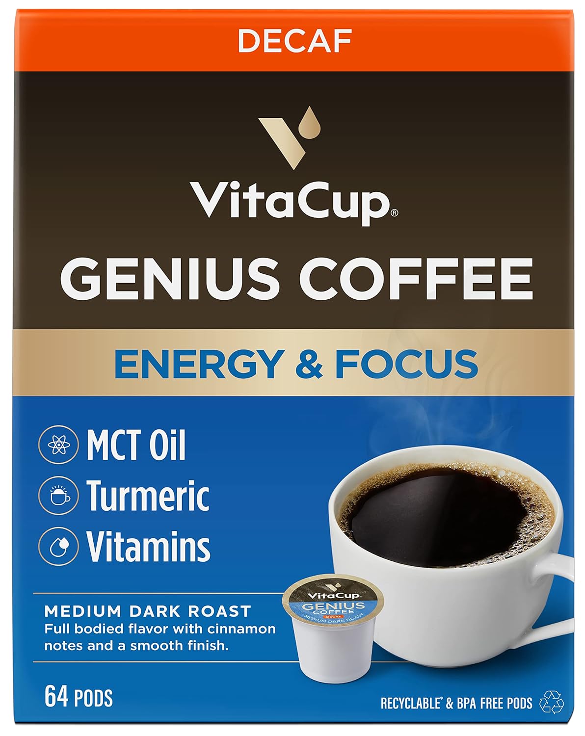 VitaCup Decaf Genius Keto Coffee Pods with MCT Oil, Turmeric, and Vitamins B1, B5, B6, B9, B12, D3 for Focus in Recyclable Single Serve Pod Compatible with K-Cup Brewers Including Keurig 2.0, 64 CT