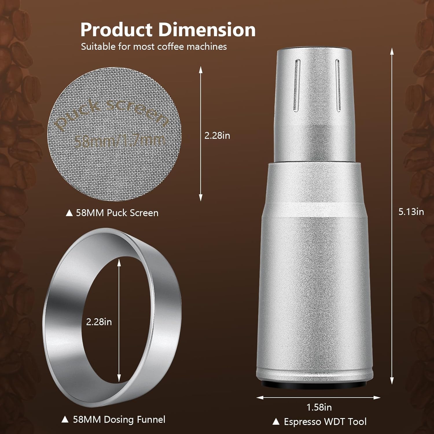 WDT Tool Espresso Distributor Accessory kit &1.7mm Thickness 150μm Mesh Puck Screen & 8 Magnets dosing ring Compatible with Breville Portafilter (WDT +58MM Silver dosing ring&Puck Screen)