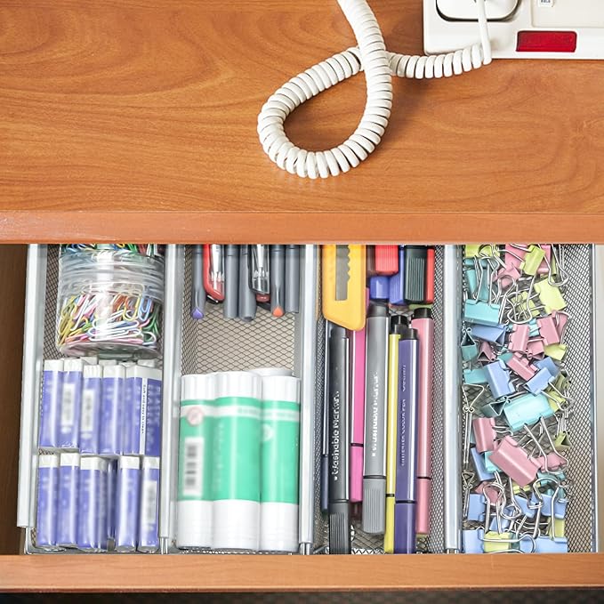 4PCS Drawer Organizer for Kitchen,Utensil Mesh Drawer Organizer with Interlocking Arm for Cosmetic,Flatware,Pen (9 * 3 * 2 Inches,Grey)