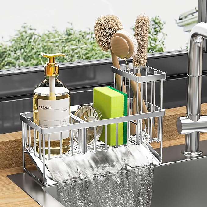 Cisily Sink Caddy Sponge Holder for Kitchen, 304 Stainless Steel Rustproof, Kitchen Sink Caddy with High Brush Holder, Dish Sponge Organizer with Divider(Silver)
