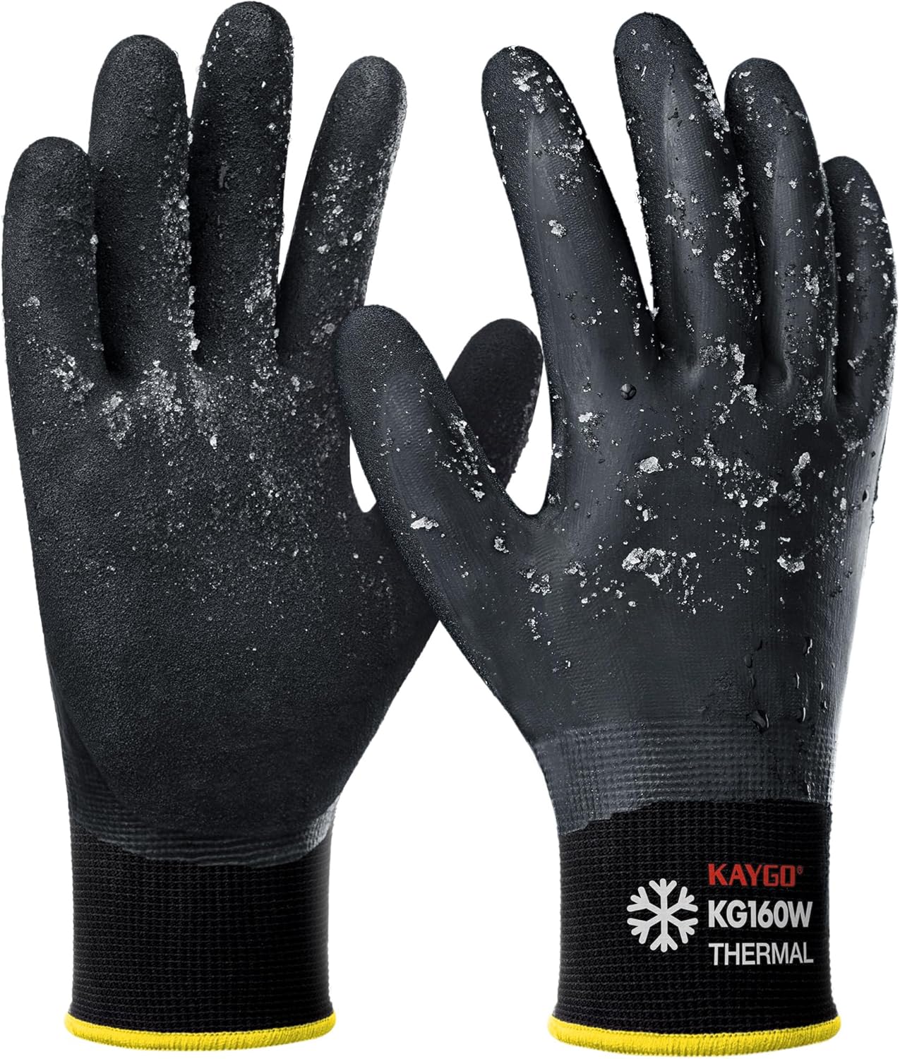 KAYGO Winter Waterproof Work Gloves for Men and Women, 3 Pairs Thermal Insulated Freezer Rubber Coated Gloves,Super Grip,KG160, XL, Black