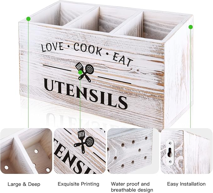 Wood Kitchen Utensil Caddy with 3 Compartments, Rustic Farmhouse Style, Ideal for Storage and Organization, White