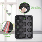 NutriChef 13” Non-Stick Muffin Baking Pan - Premium Dark Gray Carbon Steel Bake Tray, Commercial Grade Restaurant Quality Metal Bakeware - Dishwasher Safe