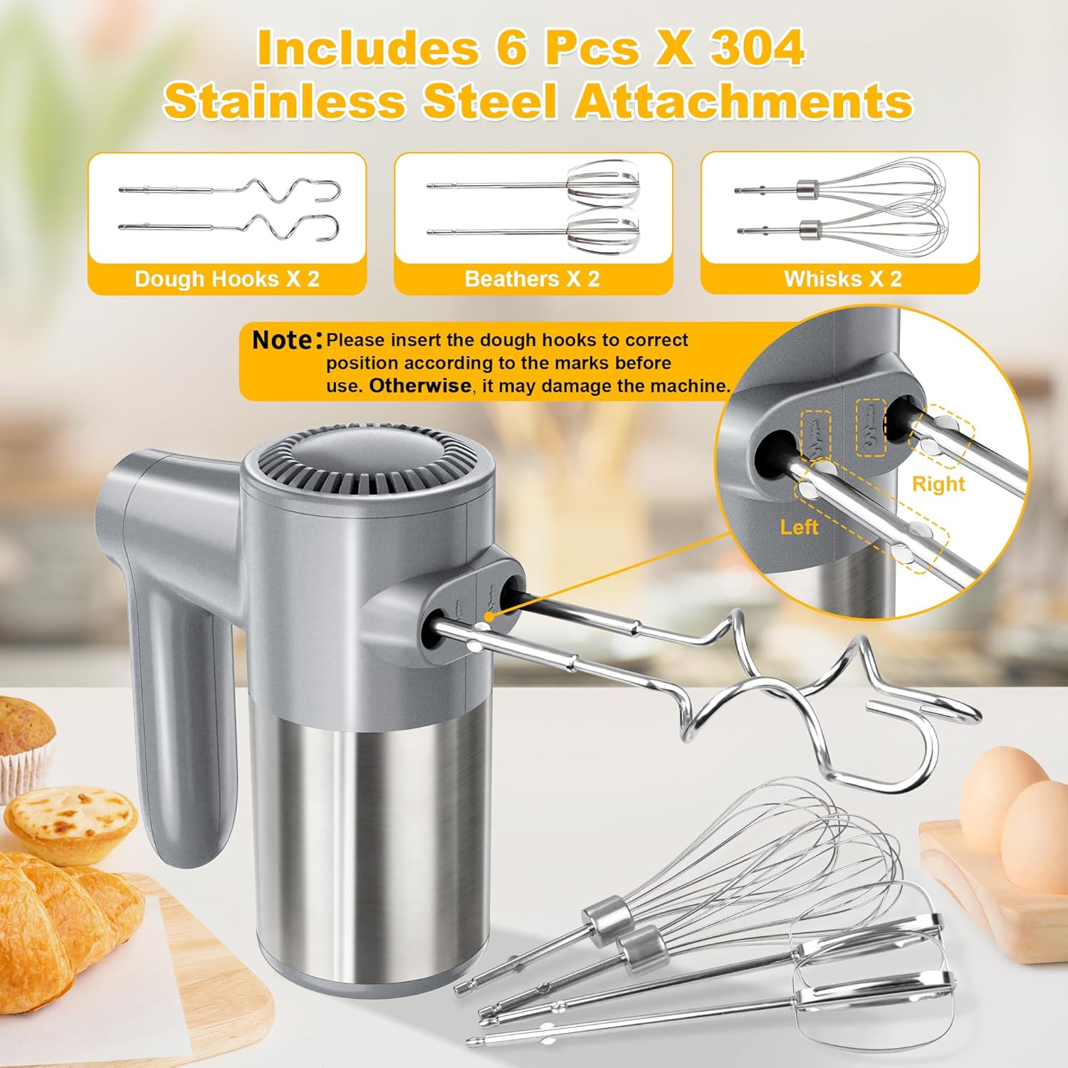 Cordless Hand Mixer, Electric Mixer Handheld Digital Display 7 Speed Rechargeable with 6 Stainless Steel Attachments Whisks Beaters Dough Hooks & Storage Base, Blender for Baking, Eggs, Silver