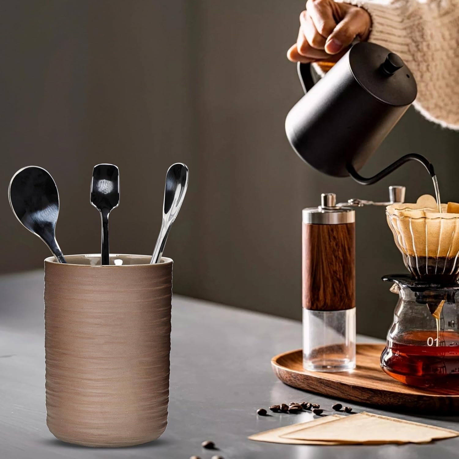 Ceramic Spoon Holder for Coffee Bar, Upright Tea Spoon Holder Cup, Coffee Stirrers Straws Stir Stick Holder, Glossy Silk Stripe