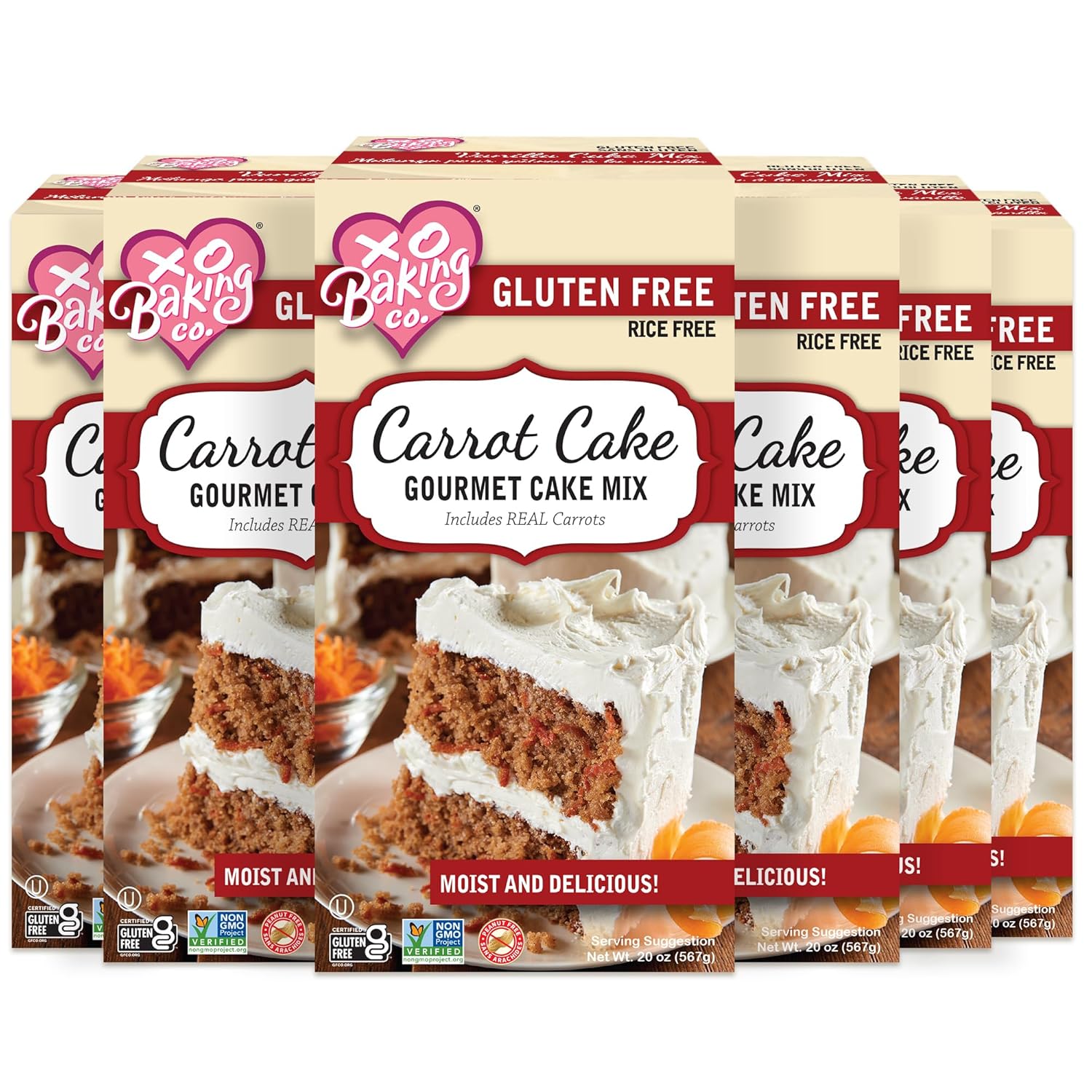 XO Baking Co. Gluten Free Carrot Cake Gourmet Cake Mix; Contains Real Carrots; Non-GMO; Kosher; Rice Free; Soy Free; Dairy Free; Peanut Free; No Preservatives; No Artificial Flavors or Colors, 6-Pack