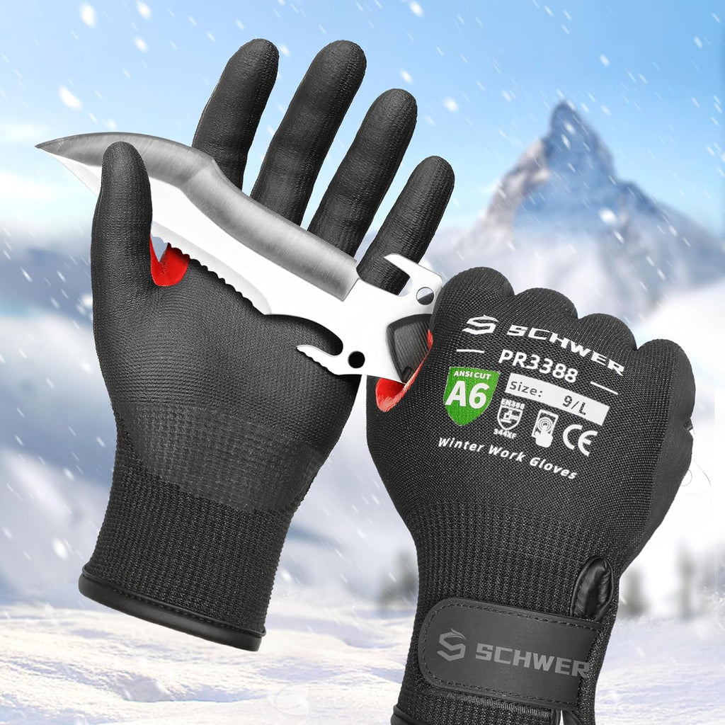 FreezeGuard Winter Work Gloves for Men and Women, ANSI A6 Cut Resistant Gloves With Super Grip, Freezer Glove for Work, Touchscreen, Thermal Insulated, PR3388, Non PFAS, Black Knight (L, 1 Pair)