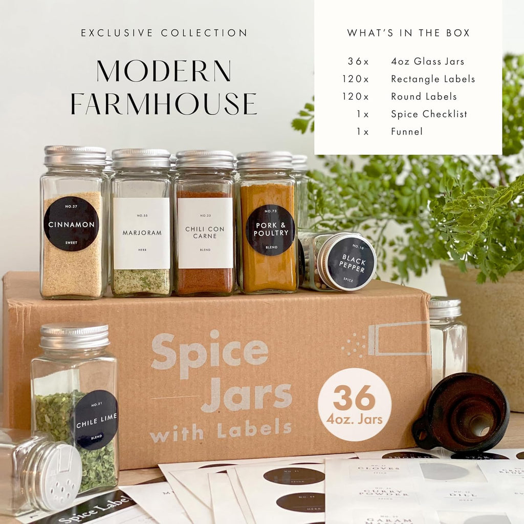 Glass Spice Jars with Labels with Metal Lids and Shakers Farmhouse 36 Pack Set, 4oz Small Clear Empty Spice Bottles Seasoning Containers with Label Organizer Square Herb Seasoning Jars for Kitchen
