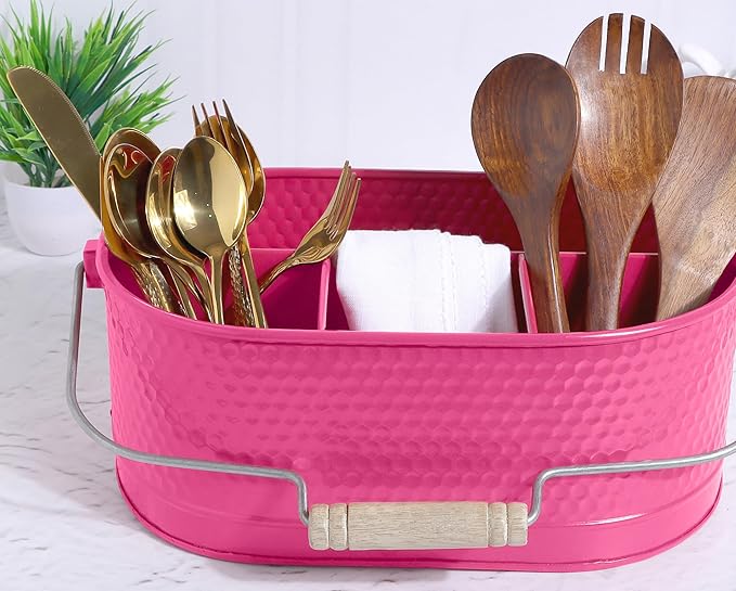 Alpha Living Home Silverware Organizer - Metal Kitchen Drawer & Utensil Organizer, Drawer Organizer for Forks, Knives, Multipurpose Kitchen Organizers and Storage Solution (Pink)