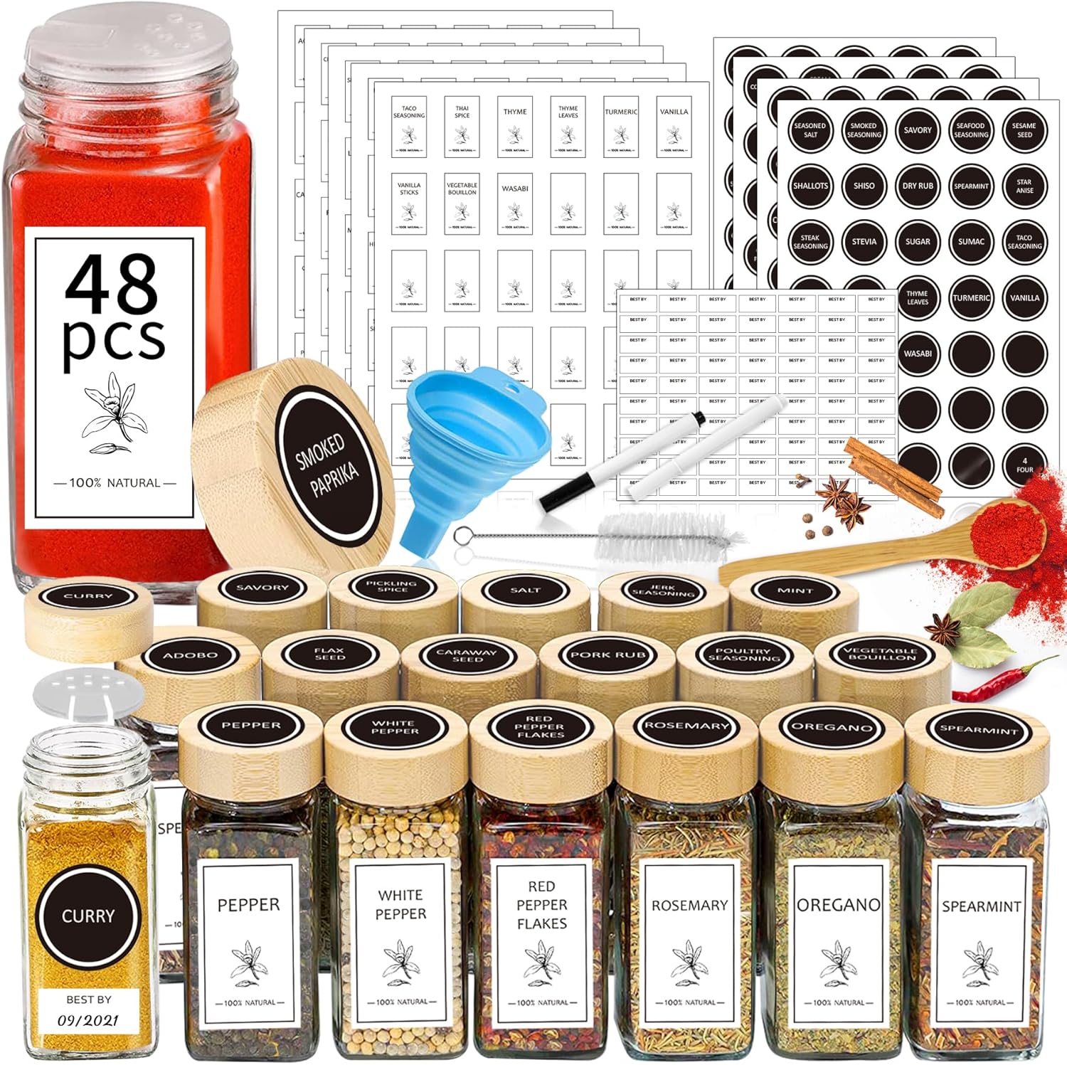 Aliggbent Spice Jars with Lable, 48 Pcs 4 oz Glass Spice Jars with Bamboo Lids, Spice Containers Bottles, Glass Seasoning Jars with Shaker Lids, Collapsible Funnel, for Spice Racks, Pantry,Cupboard