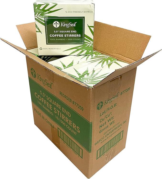 1000 Count | KingSeal Bamboo Coffee Stir Sticks, 5.5 inches, Square End, Stronger and Thicker Than Standard Wood, 100% Renewable and Biodegradable - 1 Box of 1000 Stirrers