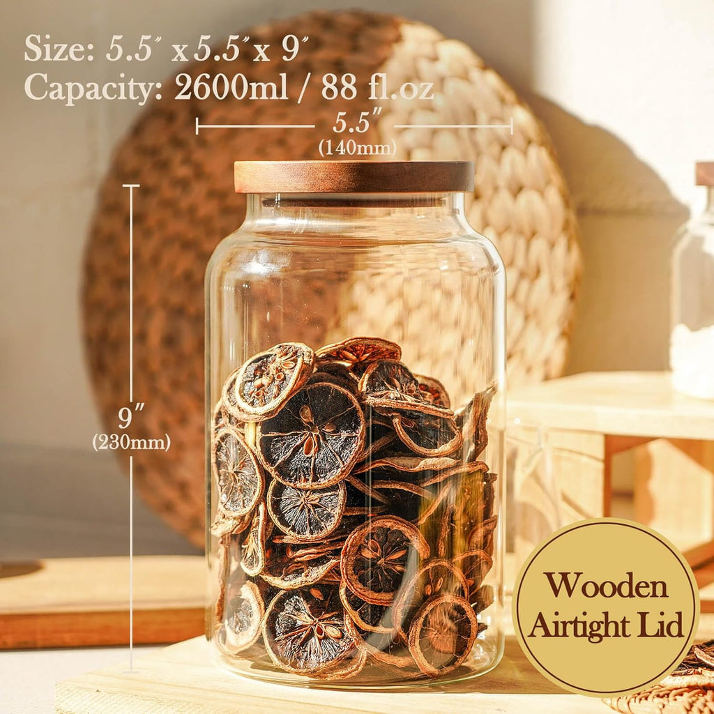 Labina Glass Storage Container Airtight Food Jars Kitchen Canister with Wood Lids, 88 Oz Wide Mouth Pantry Organization Glass Jar for Flour, Sugar, Cookie, Spagetti, Nuts and Candy (2 Pack)