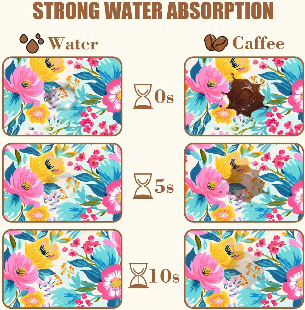 Watercolor Floral Dish Drying Mat for Kitchen Counter Coffee Bar Mat Hide Stain Absorbent Rubber Backed Coffee Maker Espresso Machine Accessories 11.8 x 19.7 Inch