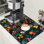Dish Drying Mat Doodle Flower Meadow Coffee Bar Mat for Countertop Absorbent Rubber Backed Hide Stain Dish Drainer Rack Pad Coffee Pot Espresso Machine Dining Room Decoration 15.7 x 23.6 Inch