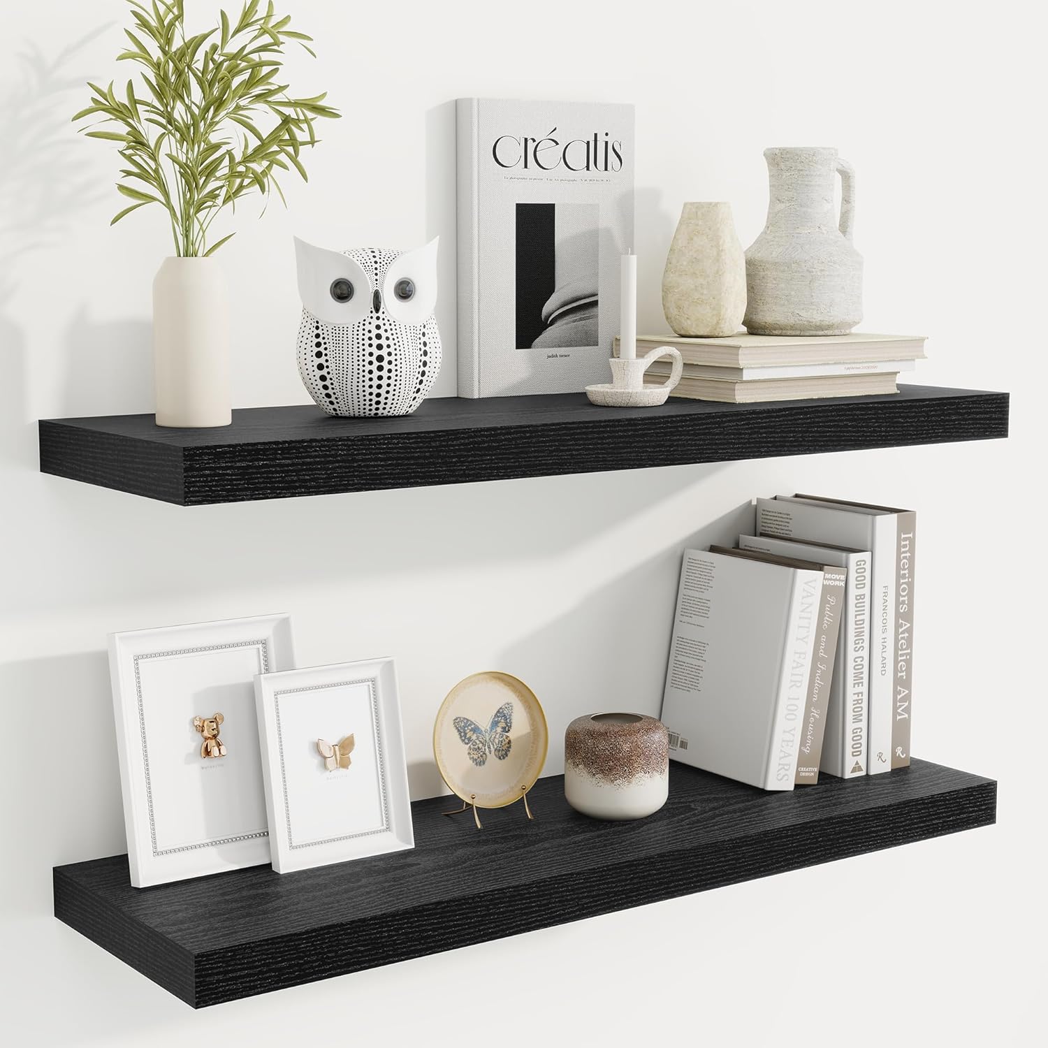 Fun Memories Floating Shelves for Wall, 32 Inch Rustic Wood Wall Mounted Shelves for Bathroom, Bedroom, Kitchen, Living Room, Deep Floating Shelves for Storage & Home Decor (Black, Set of 2)
