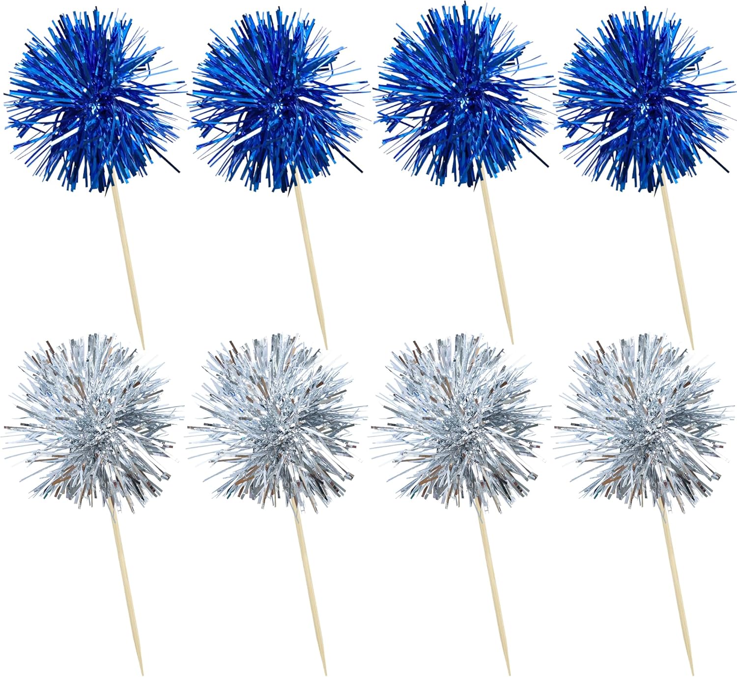 Ephlyn 30Pcs Foil Firework Cupcake Toppers Party Birthday Cake Toppers Supplies Sparkle Tinsel Cocktail Fruit Toothpick for Birthday Wedding Graduation Party Supplies Dark Blue Silver