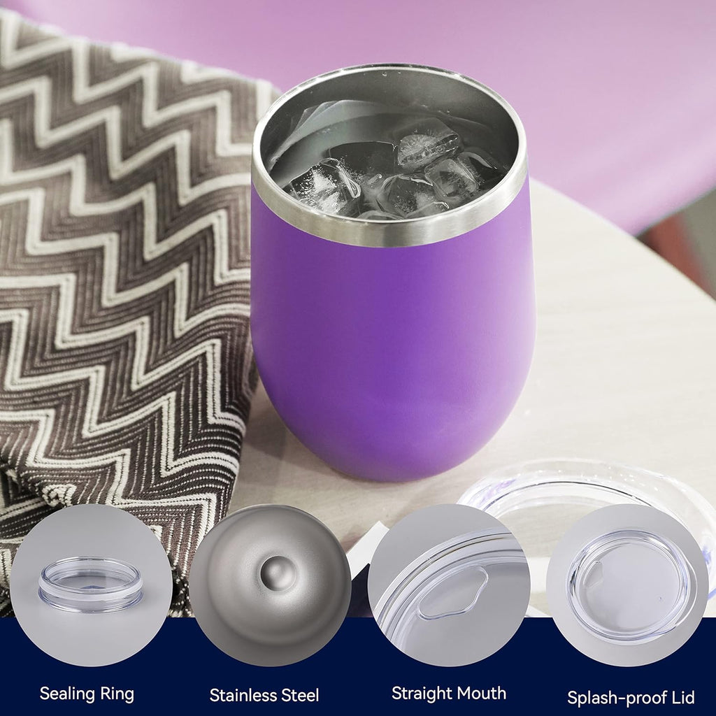 DOMICARE Stainless Steel Wine Tumbler Bulk with Lid, Personalized Insulated Tumblers Set, 12oz Travel Coffee Cups Pack of 16, Purple