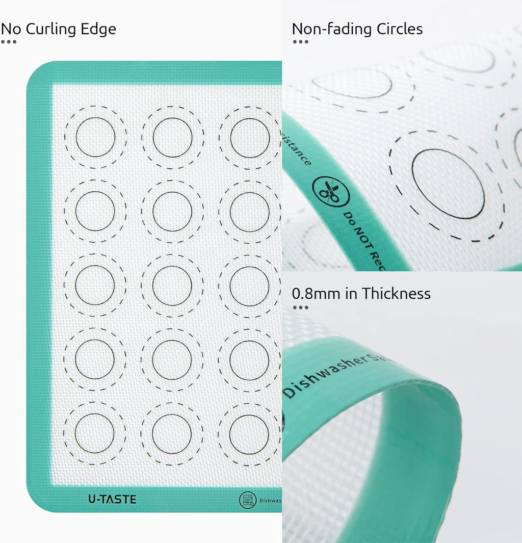 446ºF Heat Resistant Macaron Mat: U-Taste 11x11in Non Stick Silicone Baking Mat, Reusable Cookies Pastry Sheet Liner with Edge Enhancement & Circle Measurement for Square Cake Pan (Aqua Sky)