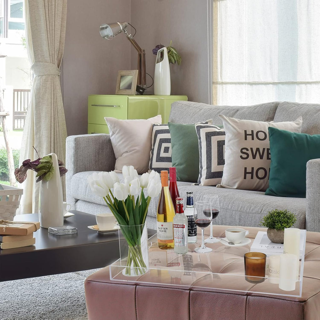 22×22 Inches Oversize Extra Large Sturdy Clear Acrylic Serving Tray King Size Decorative Big Ottoman Trays with Cut Out Handles Water Proof Bed Tray Coffee Counter Top Organizer