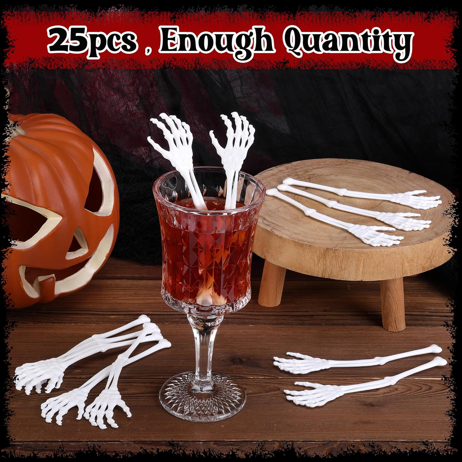 RunNico 25 Pcs 5.9''x1.5'' Halloween Skeleton Cocktail Stirrers, Reusable Skeleton Hand Swizzle Sticks, Halloween Plastic Drink Stirrer for Home Bar Horror Party Table Decorations Photo Props