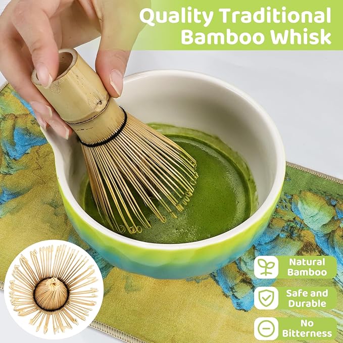 8PCS Matcha Whisk Set, Ceramic Matcha Tea Set Includes Matcha Bowl with Spout, Holder, Bamboo Whisk, Spoon, Sifter, Tea Cloth, Scoop and Scoop Stand (Hammered Gradient Green and Blue)