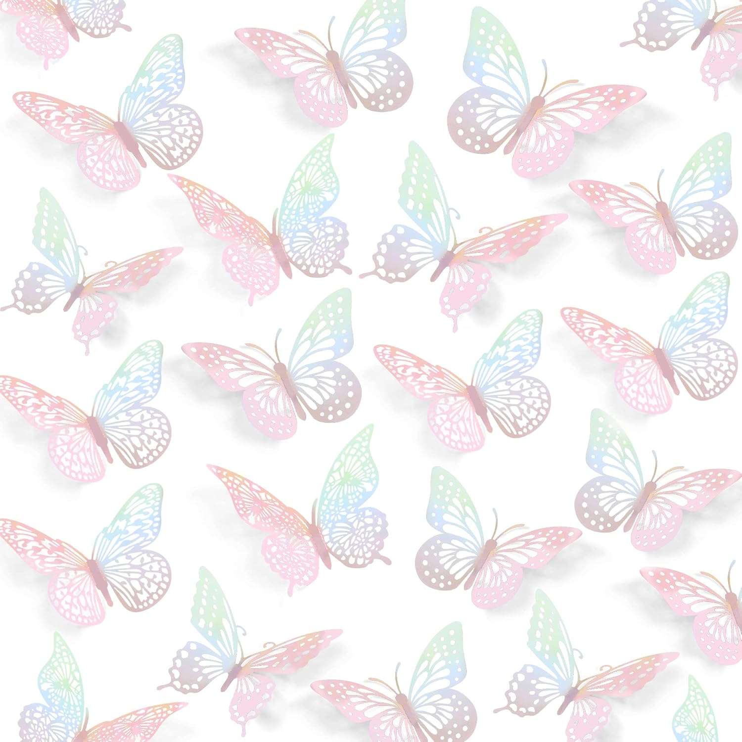 SAOROPEB 3D Wall Decor - 48 Pcs, 4 Styles, 3 Sizes - Laser Pink Butterfly Decorations for Birthday Parties, Removable Stickers