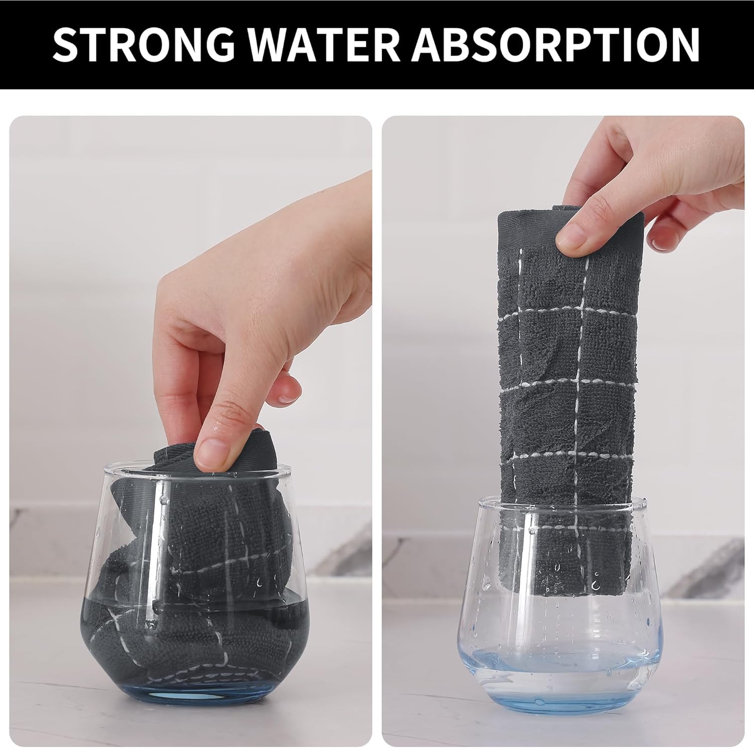 Homaxy 100% Cotton Terry Kitchen Towels(Grey, 13 x 28 inches), Checkered Designed, Soft and Super Absorbent Dish Towels, 8 Pack