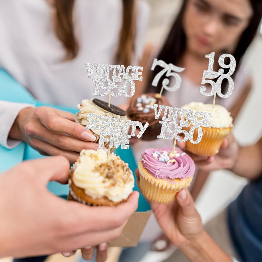 Gyufise 24Pcs 75th Birthday Cupcake Toppers Glitter Cheers to 75 Fabulous Seventy Five Vintage 1950 Cupcake Picks 75th Birthday Wedding Anniversary Party Cake Decorations Supplies Silver