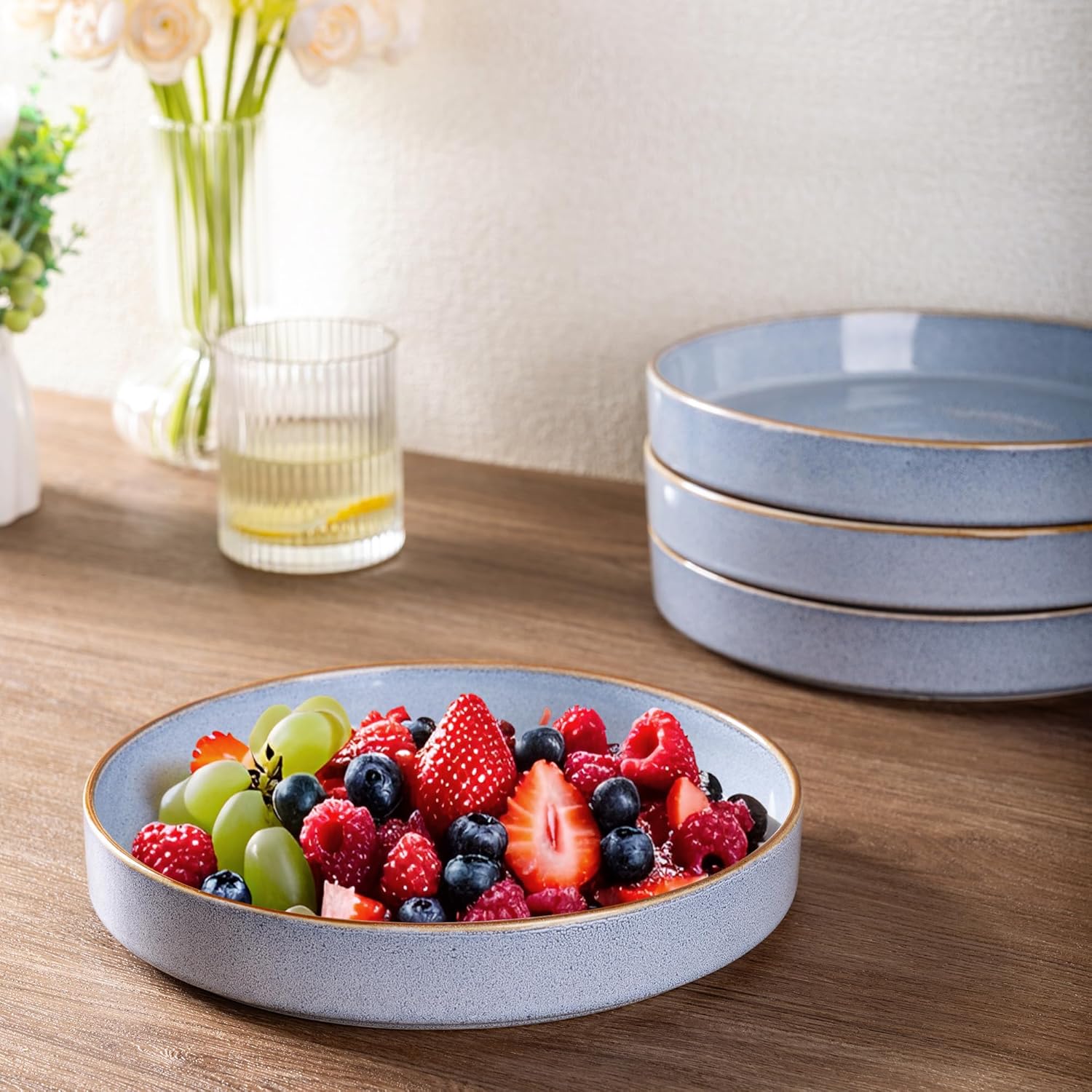 GBHOME 9'' Large Ceramic Pasta Bowls, 32oz Stoneware Pasta Serving Bowls Set of 4 for Kitchen, Wide Bowls for Fruit,Pasta,Salad,Oatmeal,Meal, Microwave Safe, Reactive Glaze-Brunnera Blue