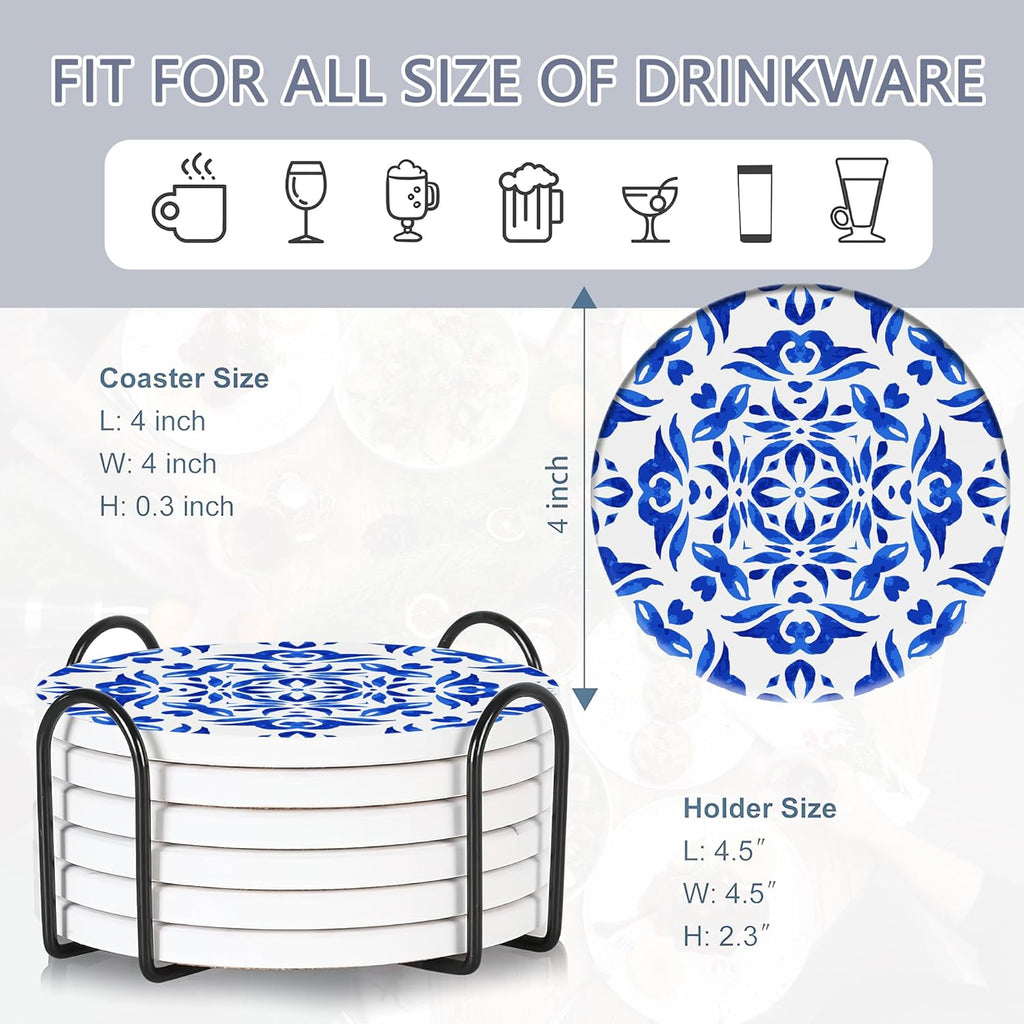 Drink Coasters Set of 6 with Holder, Handpainted Blue Pattern Absorbent Ceramic Coasters with Cork Base,Fit All Cups,Great Gift for Housewarming,Room Decor,Bar,Holiday Party