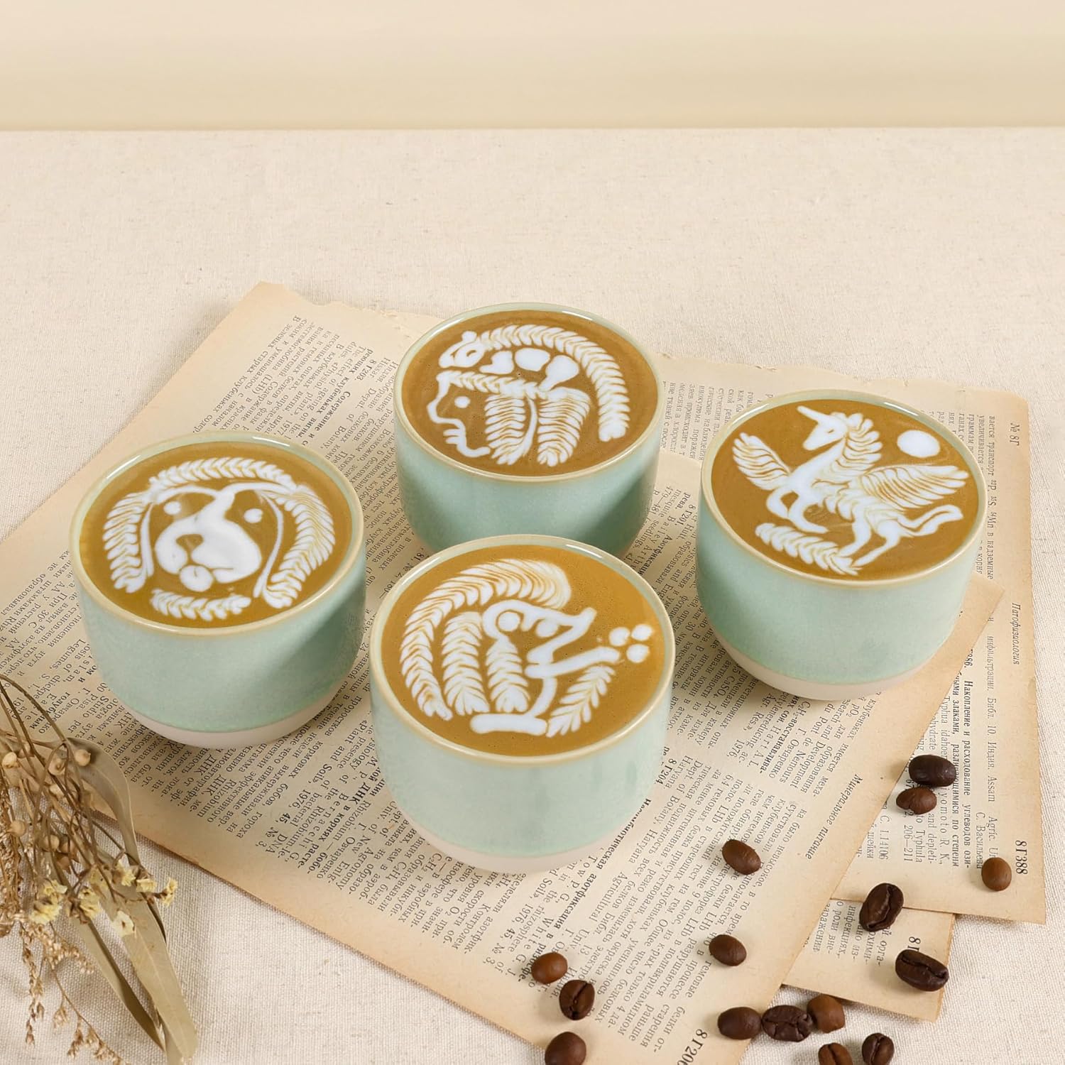 Ceramic Espresso Cups Set of 4, Double Walled Espresso Coffee Mugs for Nespresso Cups, Special glazed Demitasse Cups Coffee Cup for Machine (Green)