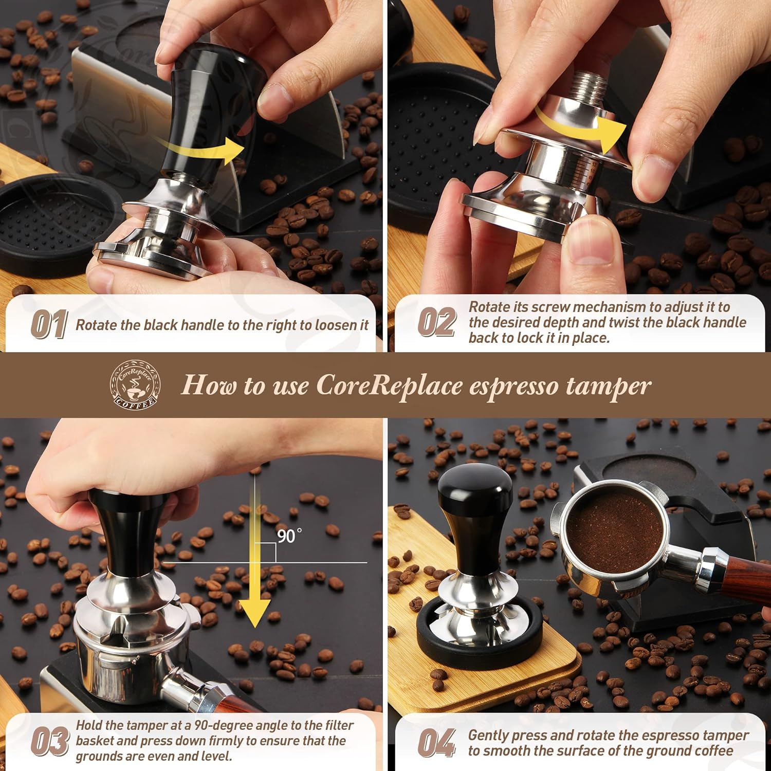 Newest 51mm Espresso Coffee Tamper Adjustable Height with Scale, 30lbs Springs Tamping Strength, Stainless Steel Flat Base, with Mat