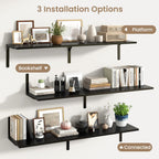 Fun Memories Floating Shelves for Wall, 12 Inch Deep Floating Shelves Set of 2, Wall Mounted Shelf with Metal Brackets, Rustic Wood Wide Shelf for Bathroom, Kitchen and Living Room, Black, 55W x 12D