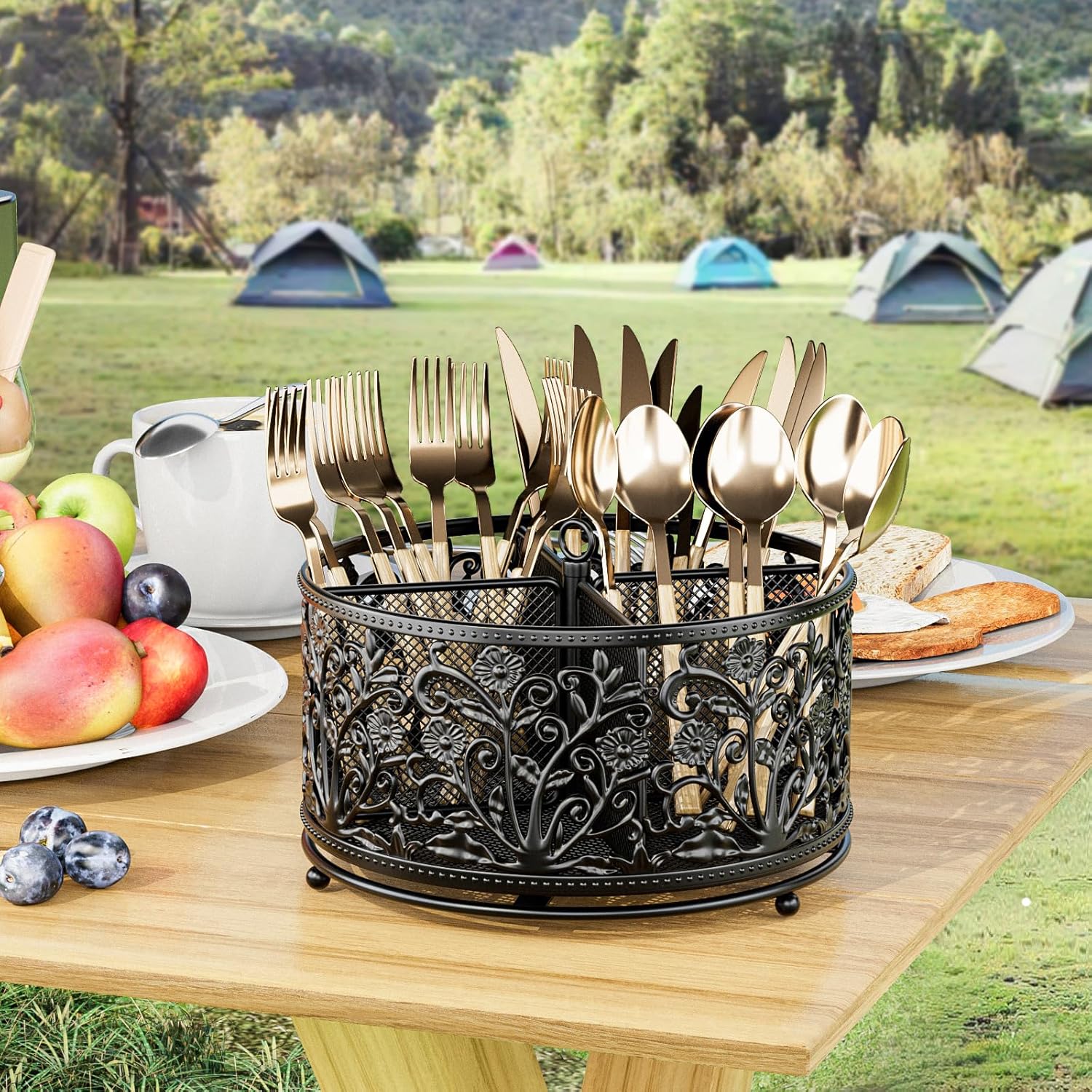 360° Rotating Utensil Caddy - Silverware Cutlery Caddy Holder with 4 Compartment, Metal Flatware Organizer Countertop with Handle for Party Camping Picnic, Kitchen Counter, Office (Black)