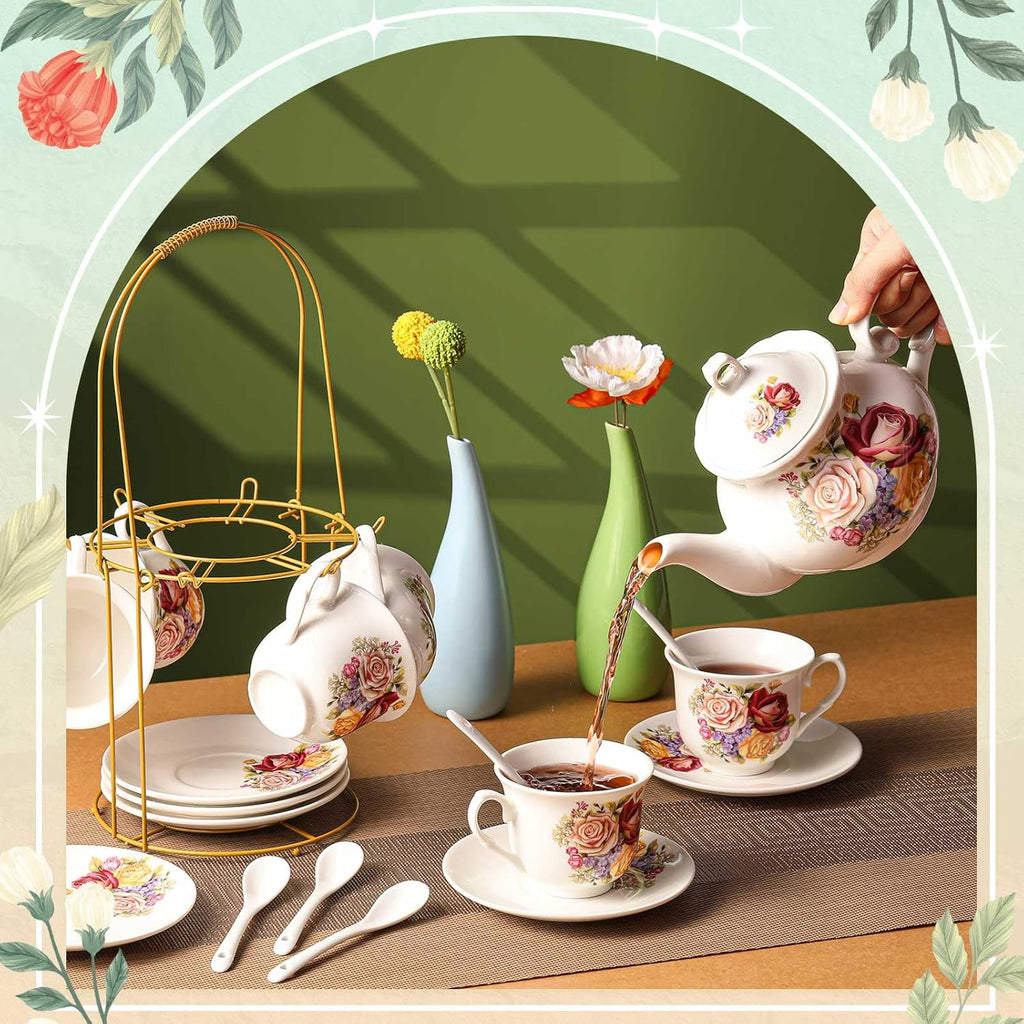 Zhehao 20 Pcs Porcelain Tea Set with Metal Holder and Spoon Adult Ceramic Tea Party Set European Flower Painting Teapot Cup Saucer Spoon for Women, Large Version (Styleish Style)
