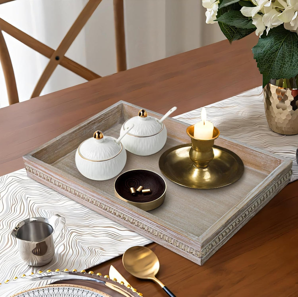 MAONAME Wood Serving Tray, Farmhouse Wooden Tray for Coffee Table, Rustic Rectangle Trays with Beads, Washed White Decorative Trays for Living Room, Kitchen, 15.7" X 11.8" X 1.57"