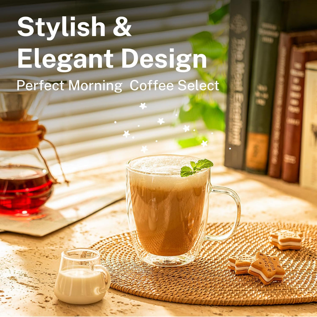 Sweese 12.5oz Borosilicate Glass Coffee Mugs Set of 4 - Double Walled, Clear Cups for Espresso, Latte, Tea